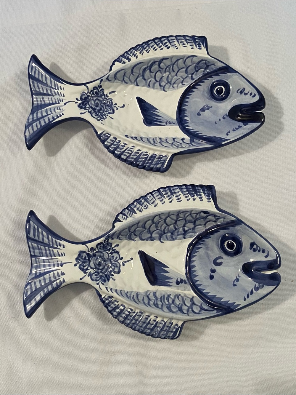 Vestal Portugal Blue White Fish Dishes (2) Spoon Rest Beachy Cottagecore Trinket